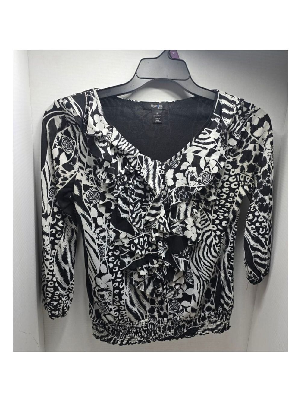 Women's Style & Co. Petite Blouse S Black White Animal Print